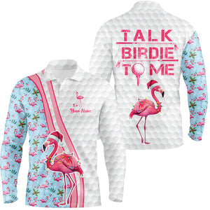 Funny Mens golf polo shirt custom pink flamingo blue Christmas golf shirts talk birdie to me NQS8992