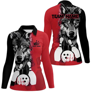 Black and Red Wolf Bowling Polo, Quarter Zip Shirts For Women Custom Bowling Team League Jerseys NQS8994