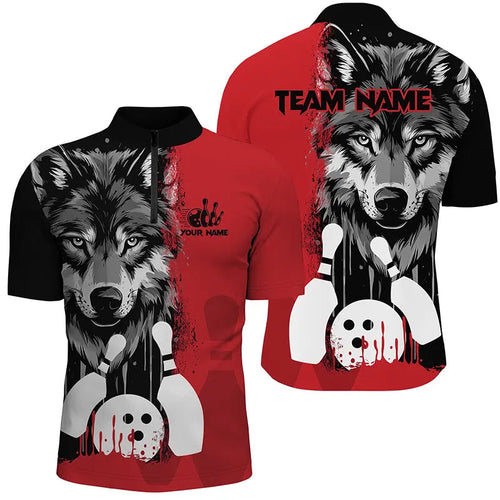 Black and Red Wolf Bowling Polo, Quarter Zip Shirts For Men Custom Bowling Team League Jerseys NQS8994