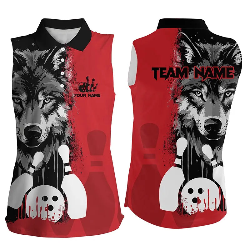 Black and Red Wolf Bowling sleeveless polo Shirts For Women Custom Bowling Team League Jerseys NQS8994