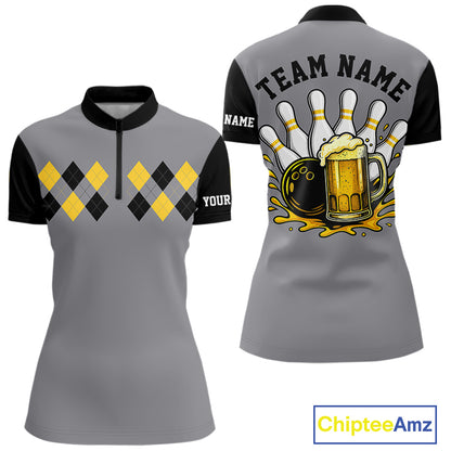 Black & Yellow argyle pattern retro Women Bowling Shirts Custom Bowling and Beer Team Jersey | Gray NQS11095