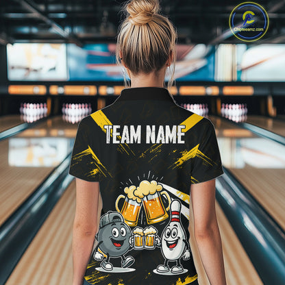 Custom Black And Yellow Funny Beer Bowling Women Polo, Quarter Zip Shirts, funny bowling shirts NQS11098