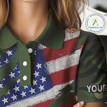 Load image into Gallery viewer, American Flag Green camo Women's Golf polo shirts Custom patriotic golf attire for ladies NQS11289