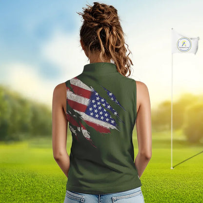 American Flag Green camo Women Sleeveless polo shirt Custom patriotic golf attire for ladies NQS11289