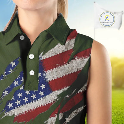 American Flag Green camo Women Sleeveless polo shirt Custom patriotic golf attire for ladies NQS11289