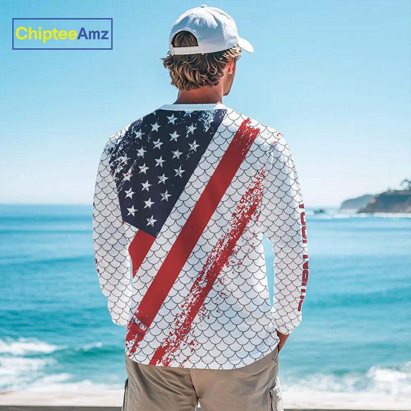 Red, white & blue American Flag Fishing scales pattern Custom patriotic Performance Fishing Shirts NQS11290