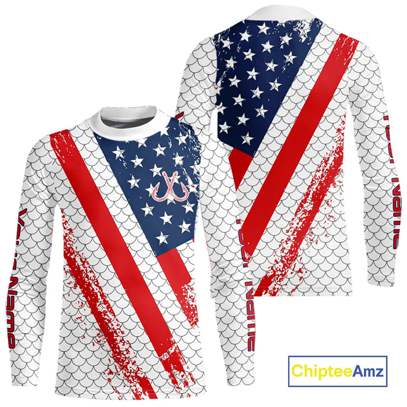 Red, white & blue American Flag Fishing scales pattern Custom patriotic Performance Fishing Shirts NQS11290
