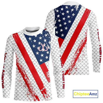 Red, white & blue American Flag Fishing scales pattern Custom patriotic Performance Fishing Shirts NQS11290