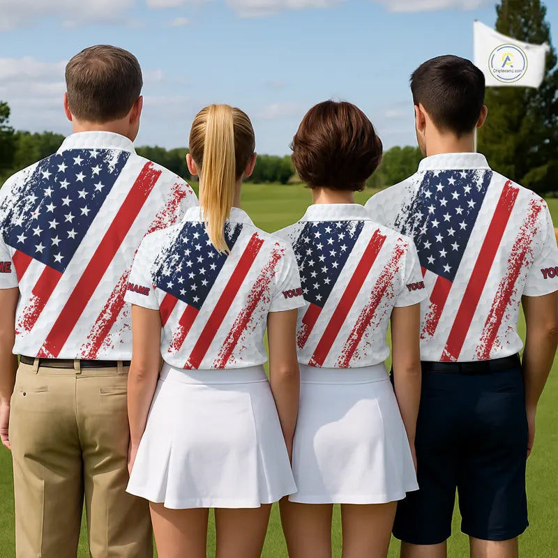 Red, white & blue American Flag Womens Golf polo shirts Custom patriotic golf outfit for ladies NQS11291