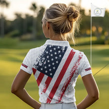 Load image into Gallery viewer, Red, white &amp; blue American Flag Womens Golf polo shirts Custom patriotic golf outfit for ladies NQS11291