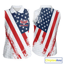 Load image into Gallery viewer, Red, white &amp; blue American Flag Womens Sleeveless polo shirts Custom patriotic golf outfit for ladies NQS11291
