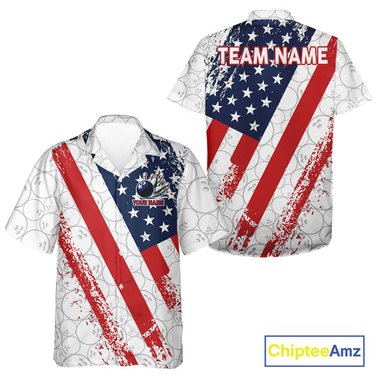 Red, white & blue American Flag Bowling Hawaiian Shirt Custom patriotic Bowling Team Button up shirt NQS11292