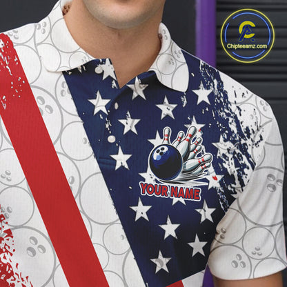 Red, white & blue American Flag Bowling Shirts For Men Custom patriotic Bowling Team Jersey NQS11292