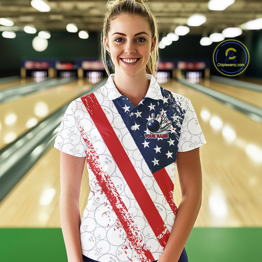 Red, white & blue American Flag Bowling Shirts For Women Custom patriotic Bowling Team Jersey NQS11292