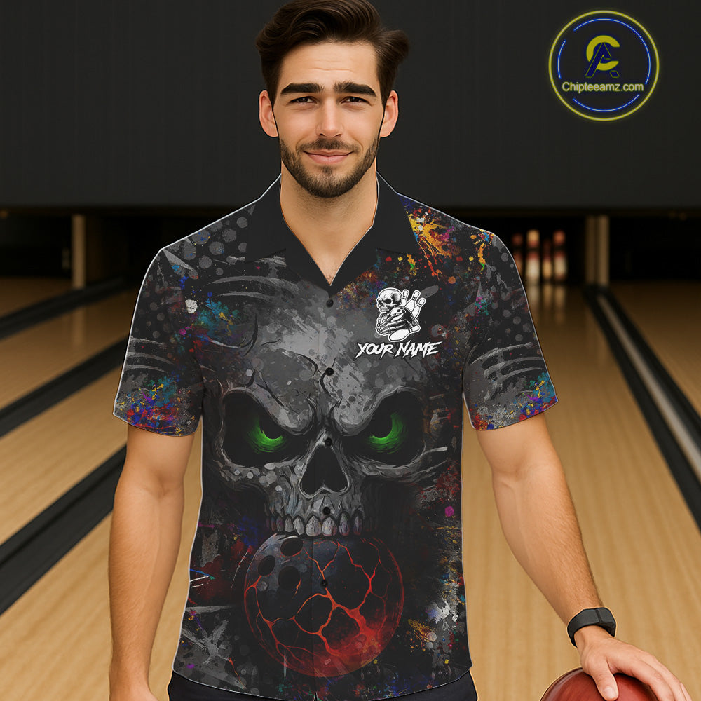 Colorful Skull bowling jerseys Bowling Hawaiian Shirt Custom Bowling Team shirts for bowlers NQS11293