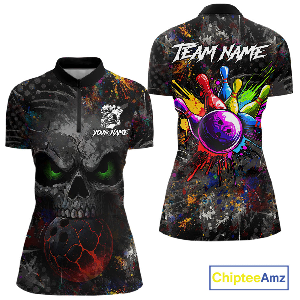 Colorful Skull bowling jerseys Bowling Shirts for Women Custom Bowling Team shirts for bowlers NQS11293