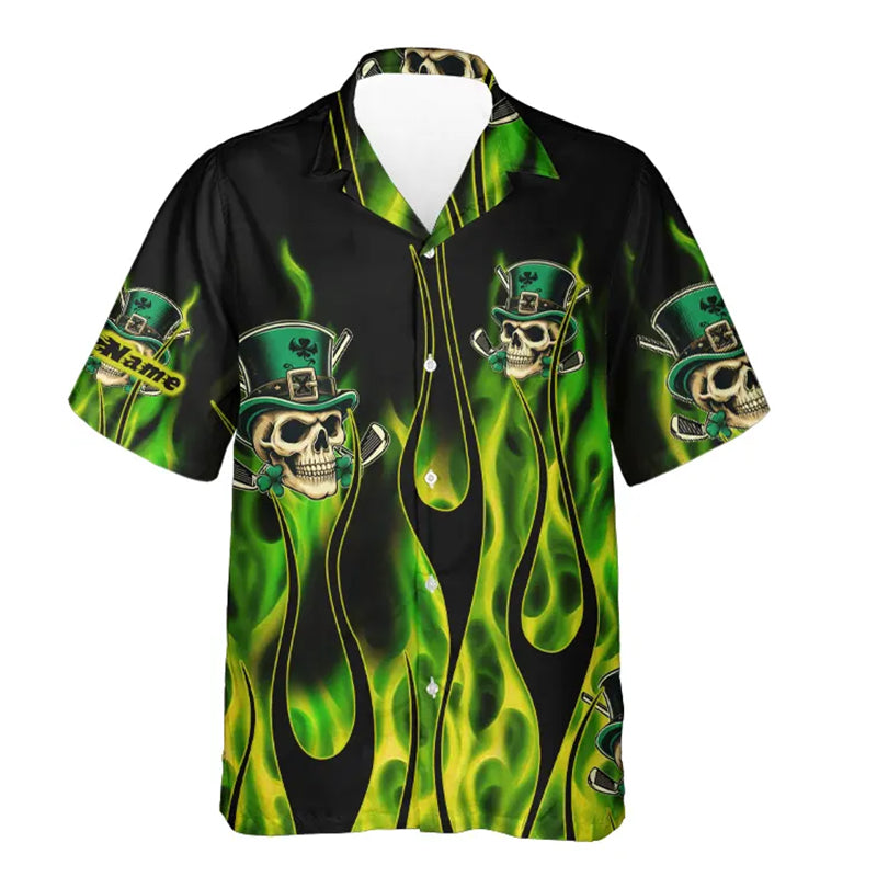 Button up shirts Hawaiian Shirt Green clover skull St Patrick's Day custom green fire apparel NQS7055
