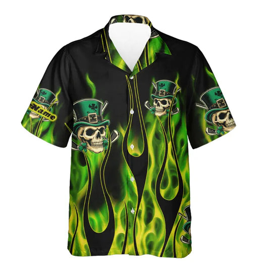 Button up shirts Hawaiian Shirt Green clover skull St Patrick's Day custom green fire apparel NQS7055