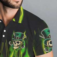 Load image into Gallery viewer, Mens golf polo shirts Green clover skull St Patrick&#39;s Day golf shirts custom green fire golf apparel NQS7055