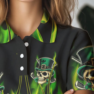 Women golf polo shirts Green clover skull St Patrick's Day golf shirts custom green fire golf apparel NQS7055