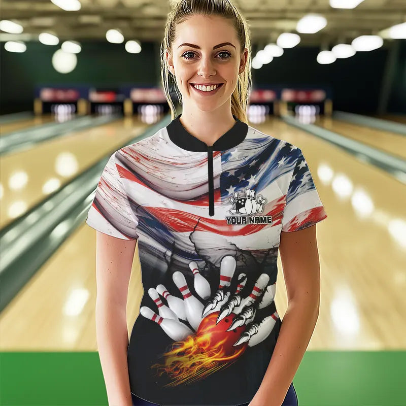 American flag Flame Bowling Polo, Quarter Zip shirts For Women custom patriotic bowling team jersey NQS9416