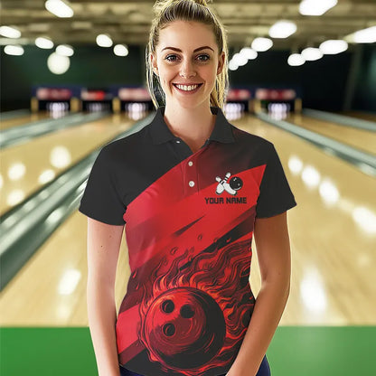 Black and Red Flame Bowling Shirts For Women Custom Flame Team Bowling Jerseys NQS9420