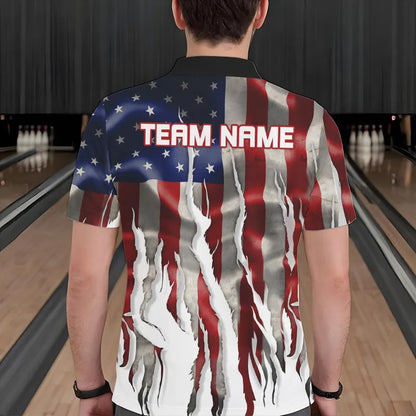 Personalized American Flag Scratch Bowling Polo, 1/4 Zip Team Shirts For Men Patriotic Bowling Gifts NQS9421