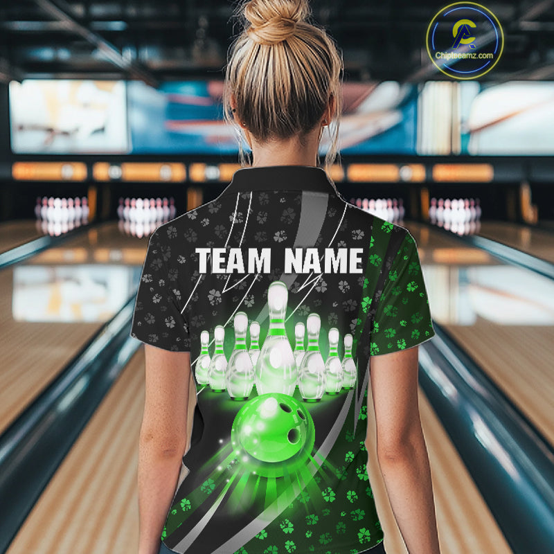 Black and Green Shamrock pattern Bowling Shirts for Women Custom St Patrick Team Bowling jerseys NQS11513