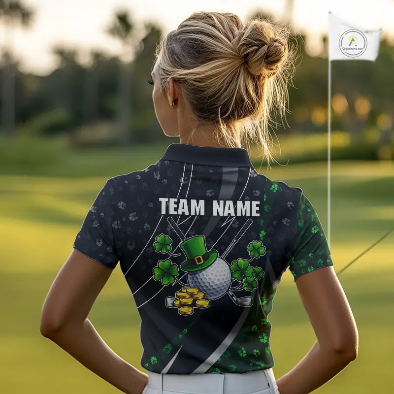 Black & Green Shamrock pattern Golf Polo Shirts For Women Custom St Patrick team women golf clothing NQS11514