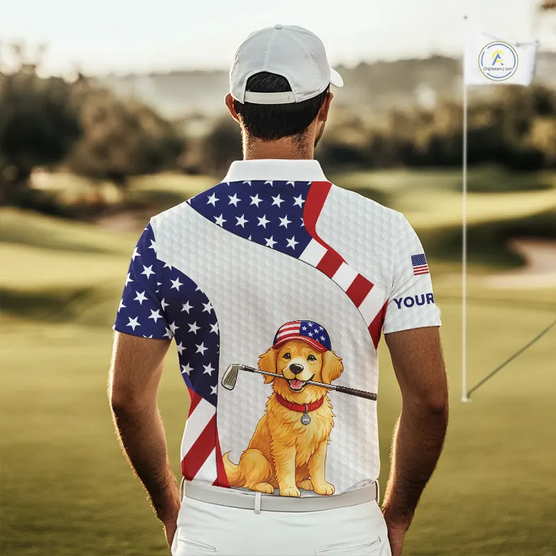 Personalized American flag golden retriever golf polo shirts for men custom name patriotic golf gifts NQS11518