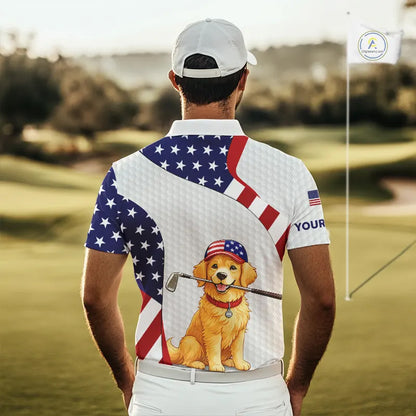 Personalized American flag golden retriever golf polo shirts for men custom name patriotic golf gifts NQS11518