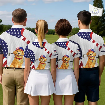 Personalized American flag golden retriever golf polo shirts for men custom name patriotic golf gifts NQS11518