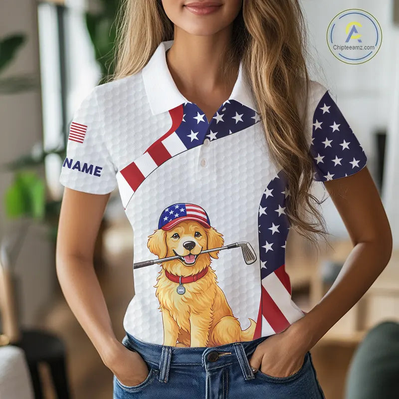 Personalized American flag golden retriever golf polo shirts for Women custom patriotic golf gifts NQS11518