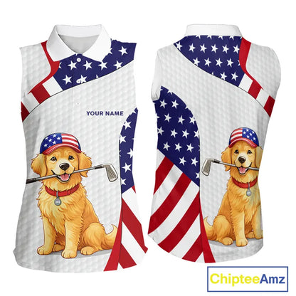 Personalized American flag golden retriever Sleeveless Golf Polo Shirt custom patriotic golf gifts NQS11518