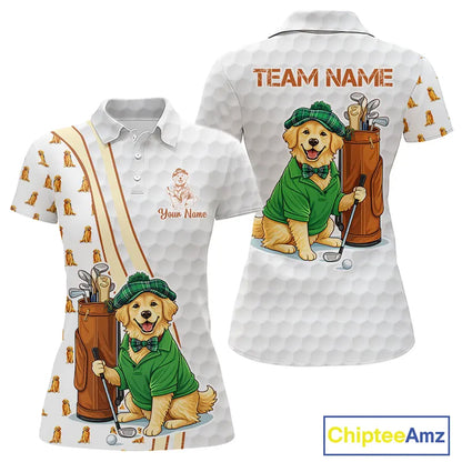 Funny Womens golf polo shirts custom Golden retriever golf pattern white ladies golf shirts NQS11519