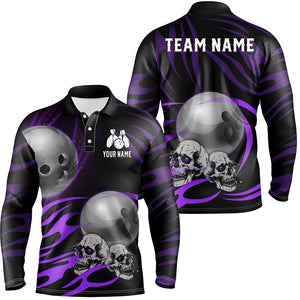 Black Men Bowling polo, quarter zip shirt Custom Skull bowling ball Men's Team League Jersey | Purple NQS7665