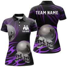 Load image into Gallery viewer, Black Women Bowling polo, quarter zip shirt Custom Skull bowling ball Ladies Team Jersey | Purple NQS7665