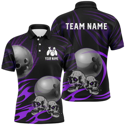 Black Men Bowling polo, quarter zip shirt Custom Skull bowling ball Men's Team League Jersey | Purple NQS7665