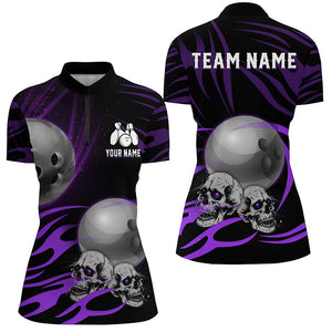 Black Women Bowling polo, quarter zip shirt Custom Skull bowling ball Ladies Team Jersey | Purple NQS7665