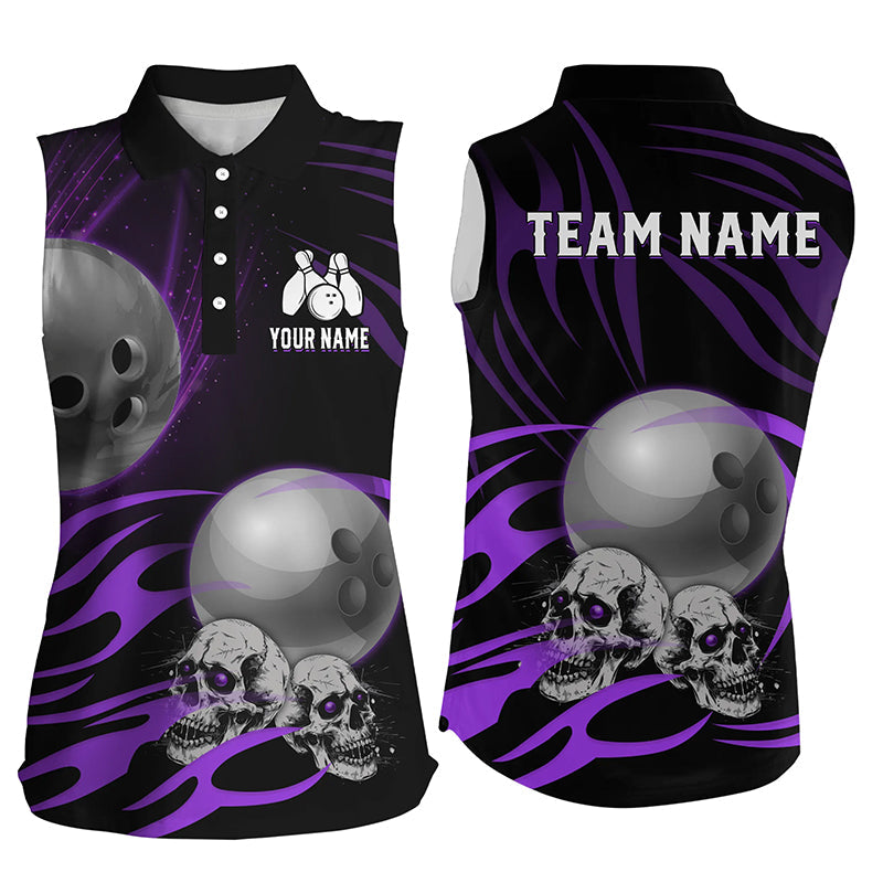 Black Women sleeveless polo shirts Custom Skull bowling ball Ladies Team League Jerseys | Purple NQS7665