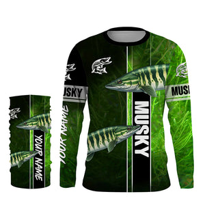 Musky Fishing Muskellunge green Customize Name Long Sleeve Fishing Shirts, fishing gifts NQS1992