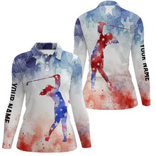 Load image into Gallery viewer, Womens golf polo shirt Custom name watercolor American flag patriotic golf gifts NQS5791