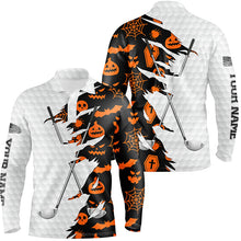 Load image into Gallery viewer, Black Halloween golf pattern white golf ball skin Men golf polo shirts custom golf clubs outfit men NQS8088
