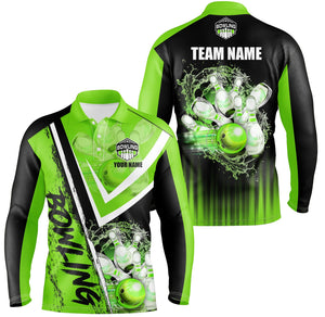 Black and Green Mens bowling Polo, Quarter zip shirts custom Team bowling jerseys bowling outfits NQS8093