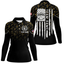 Load image into Gallery viewer, Womens bowling shirt Custom Gold Christmas pattern American flag patriotic bowling team jerseys NQS8756