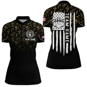 Womens bowling shirt Custom Gold Christmas pattern American flag patriotic bowling team jerseys NQS8756