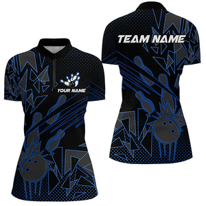 Black and Blue Bowling Polo, Quarter Zip shirts for Women custom Team Bowling Jerseys, Bowlers Outfit NQS8762