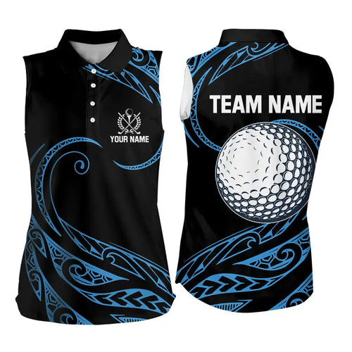 Black and Blue Tribal Pattern Golf Ball Women Sleeveless Polo Shirt custom unique ladies golf apparel NQS9232