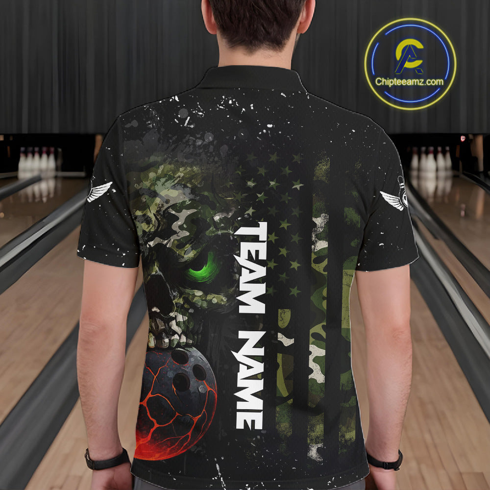 Black and Green Camo grunge American Flag Skull Bowling Shirts for Men Custom Bowling Team jerseys NQS11294
