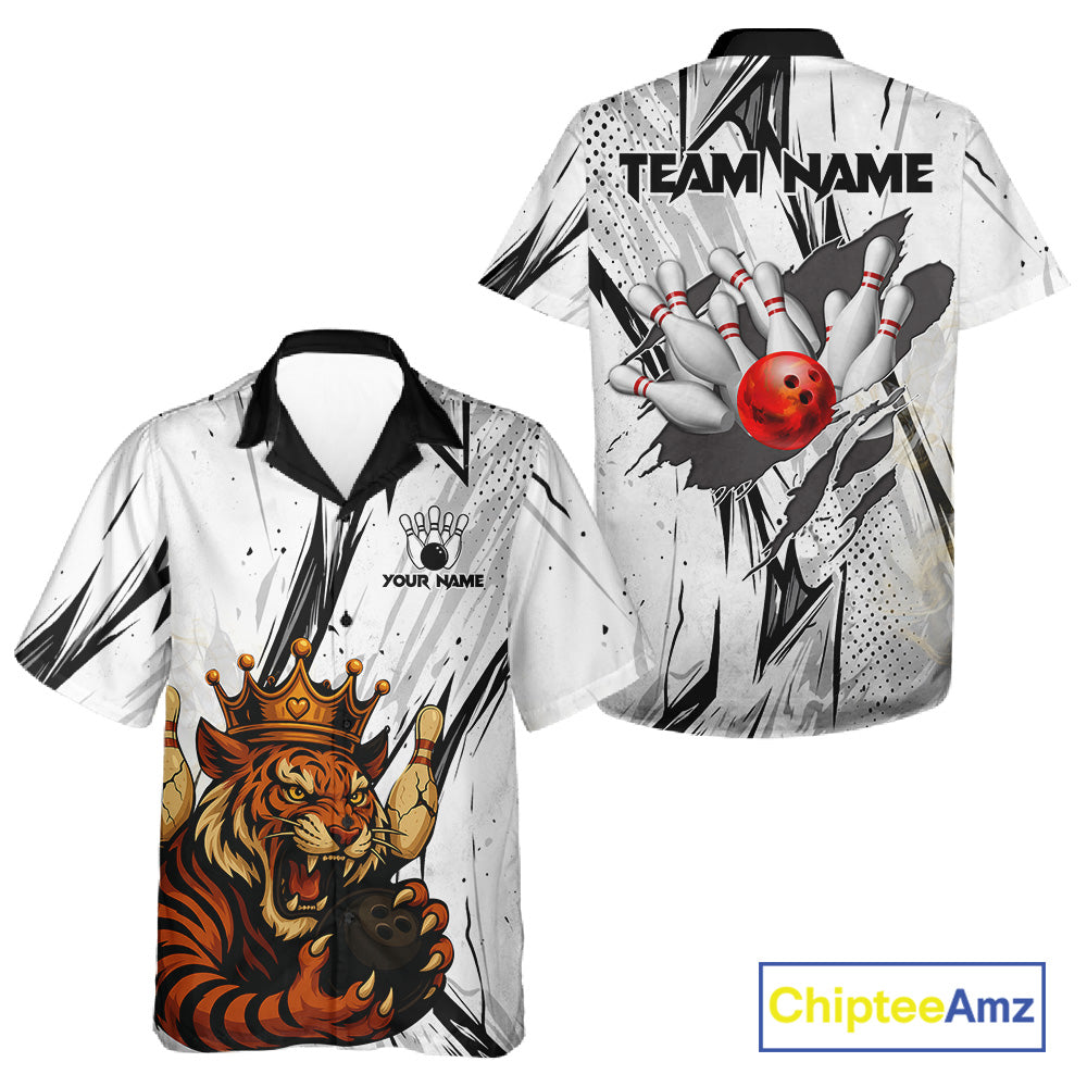 Black and White Tiger Bowling Hawaiian Shirt Custom Tiger Bowling Team button up shirt NQS11298